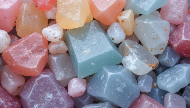 Varied pastel-colored gemstones in close-up view