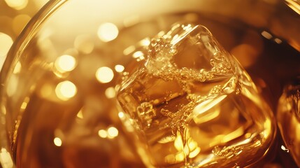 A detailed shot of an elegant glass with golden liquid and ice cubes inside, catching the light in a warm and inviting way