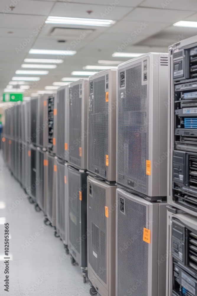 Poster modern server storage infrastructure in a data center with multiple racks and professional lighting.
