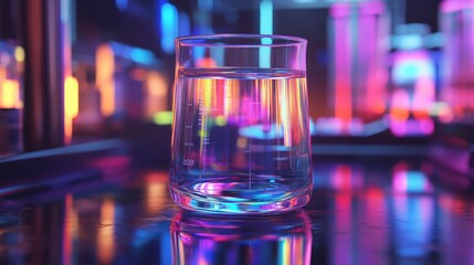 A glass beaker filled with liquid in a laboratory setting, with colorful reflections and scientific equipment in the background