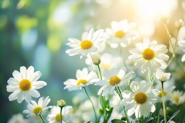 Fototapeta premium White daisies in sunlight with green background