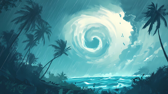 A cyclone spins ferociously above a tropical island, bending palm trees and pouring rain. Tropical Rainstorm. Illustration