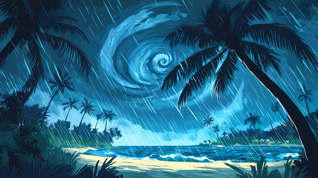 A cyclone spins ferociously above a tropical island, bending palm trees and pouring rain. Tropical Rainstorm. Illustration