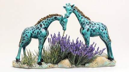   Two giraffes grazing together on a field of green grass and vibrant purple flowers