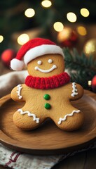 Festive Gingerbread Man with Santa Hat and Scarf on Wooden Plate &ndash; Christmas Holiday Cookie