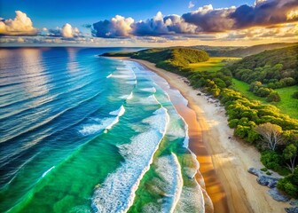 Fototapeta premium Beautiful sunset over tranquil beach with gentle waves, creating a serene atmosphere for relaxation and meditation