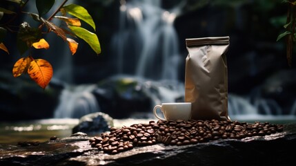 A serene setting featuring a bag of coffee and a cup placed on a bed of coffee beans beside a tranquil waterfall, Ideal for coffee ads, blogs, or promotions highlighting natural coffee origins,
