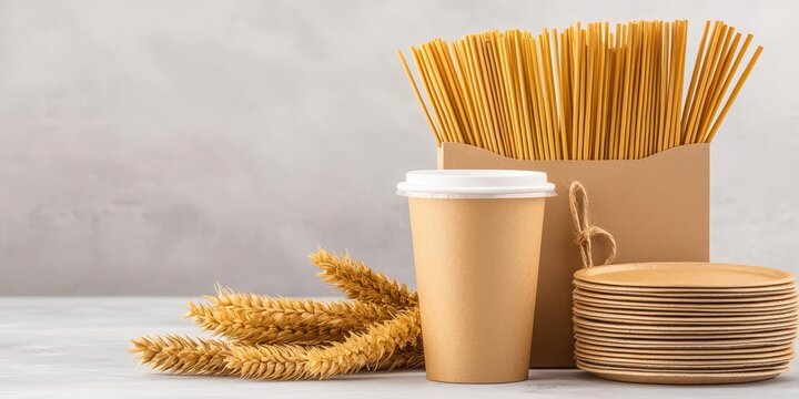 Takeaway coffee cup, pasta in box, wheat and biodegradable plates, eco-friendly options, white background.