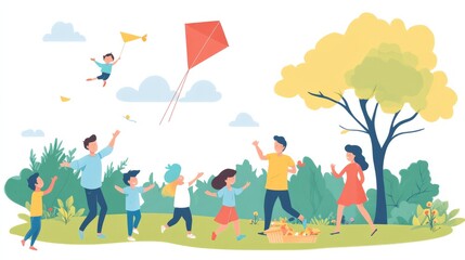 Fototapeta premium Family Fun in the Park: A vibrant illustration of a happy family enjoying a sunny day in the park, flying a kite and playing together. Perfect for family blogs, children's books.