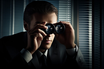 Fototapeta premium A man in a suit is looking through a pair of binoculars