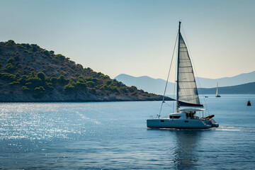 Fototapeta premium A catamaran sails near the coast as sunlight sparkles on the ocean's surface