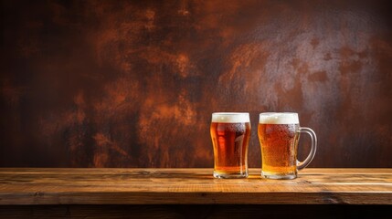 Two frosty glasses of amber beer sit on a wooden table against a warm, rustic backdrop, This image is perfect for promoting breweries, pubs, or events related to social gatherings and beverages,