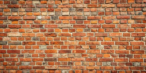 Weathered red brick wall with gray mortar in an asymmetrical pattern