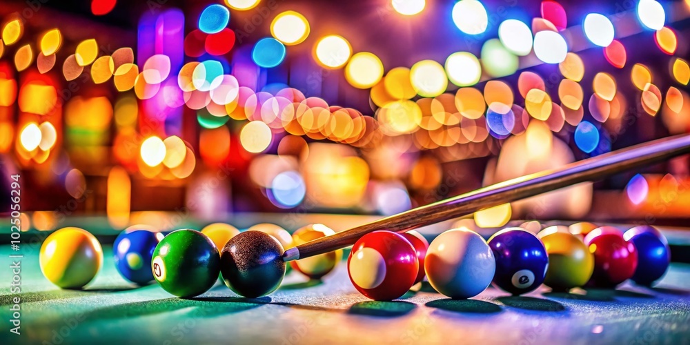 Poster billiards game in action: colorful pool table with cue balls and sticks for fun and competitive play