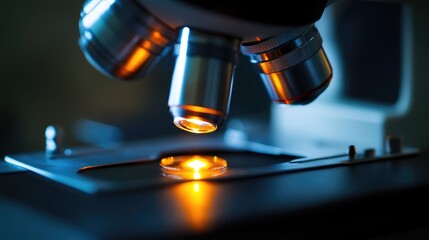 A close-up of a glass microscope lens, capturing the reflections and clarity as it focuses on a sample, highlighting the precision of the equipment