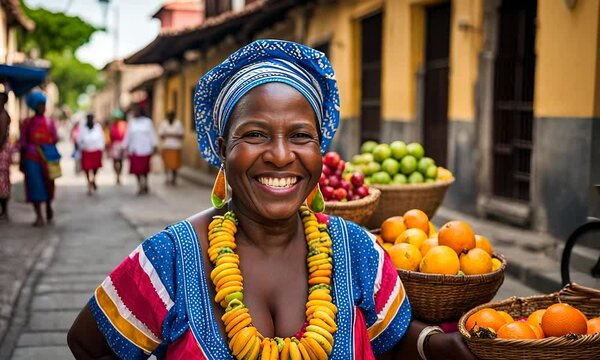 Cheerful fresh fruit street vendor aka Palenquera in the Old Town of Cartagena de Indias, Colombia. Happy, smiling Afro-Colombian woman in traditional clothing, Colombian culture and lifestyle.