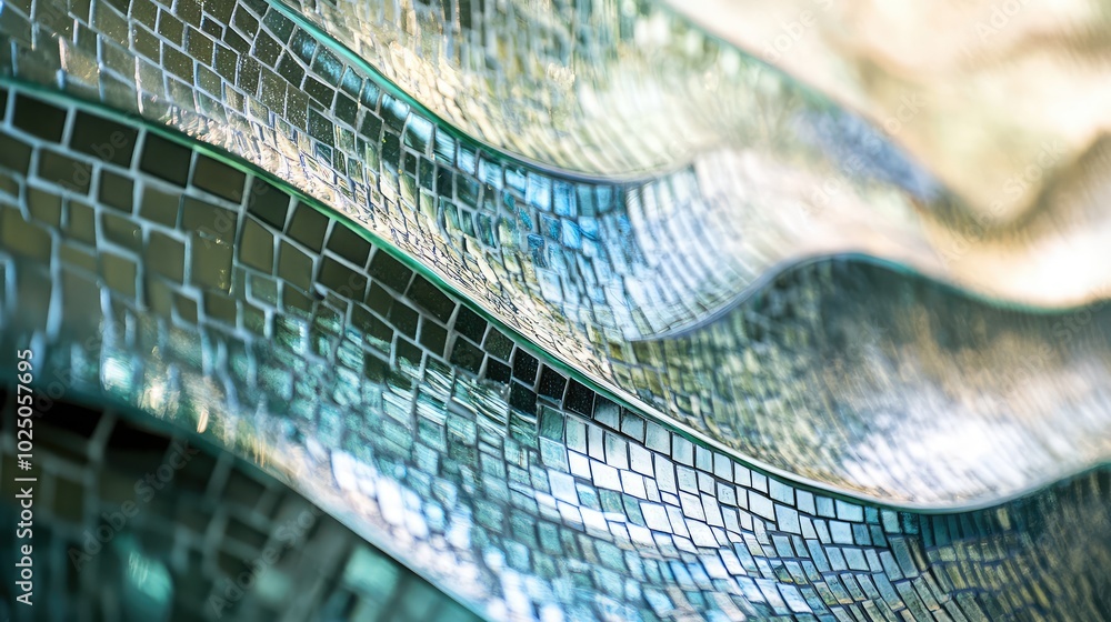 Poster a close-up of a glass mosaic wall with tiny blue and green tiles forming a wave-like pattern, creati