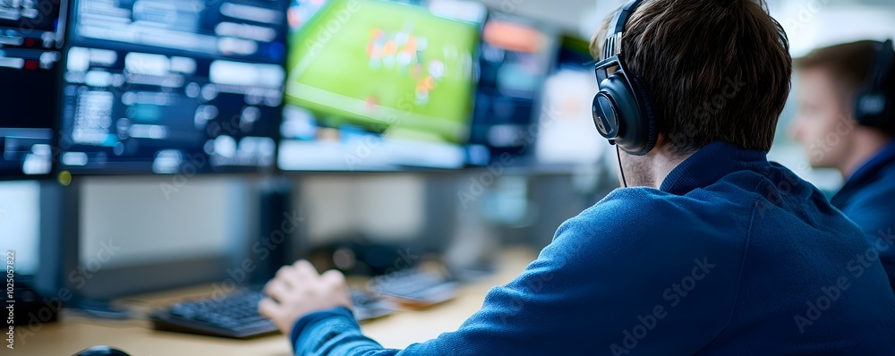 Poster dynamic sports monitor room with real-time screens and player analysis - engaging action and advance