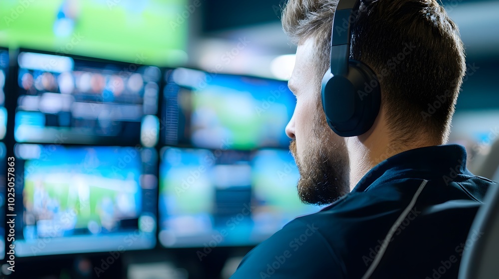 Poster high-tech stadium security monitoring room - real-time crowd management and player tracking with adv