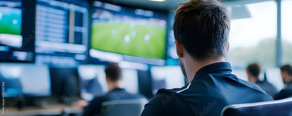 Poster dynamic sports monitor room with real-time screens and player movements - advanced analysis and stad