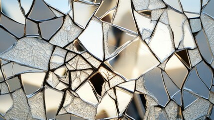 A close-up of a glass mosaic with cracked and mirrored pieces forming an abstract, reflective design, creating a sense of depth