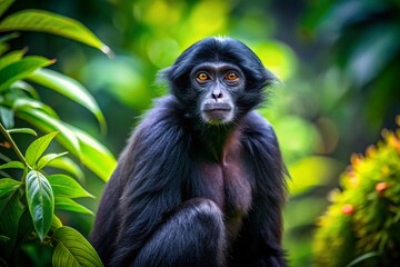 Fototapeta premium Black Spider Monkey in Lush Rainforest Habitat, Captivating Wildlife Photography of Endangered Primate Species