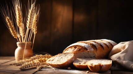 Freshly baked bread with sliced portions, accompanied by golden wheat stalks and rustic wooden decor, ideal for food blogs, bakery promotions, or cooking articles showcasing wholesome ingredients,