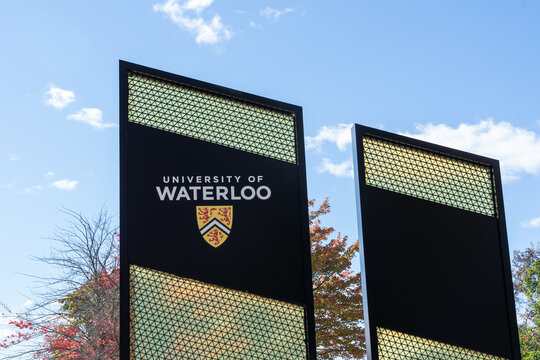 Waterloo, On, Canada - October 10, 2024: University of Waterloo (UW) pylon sign is seen at the main campus entrance in Waterloo, On, Canada on October 17, 2020. UW is a Canadian public university.