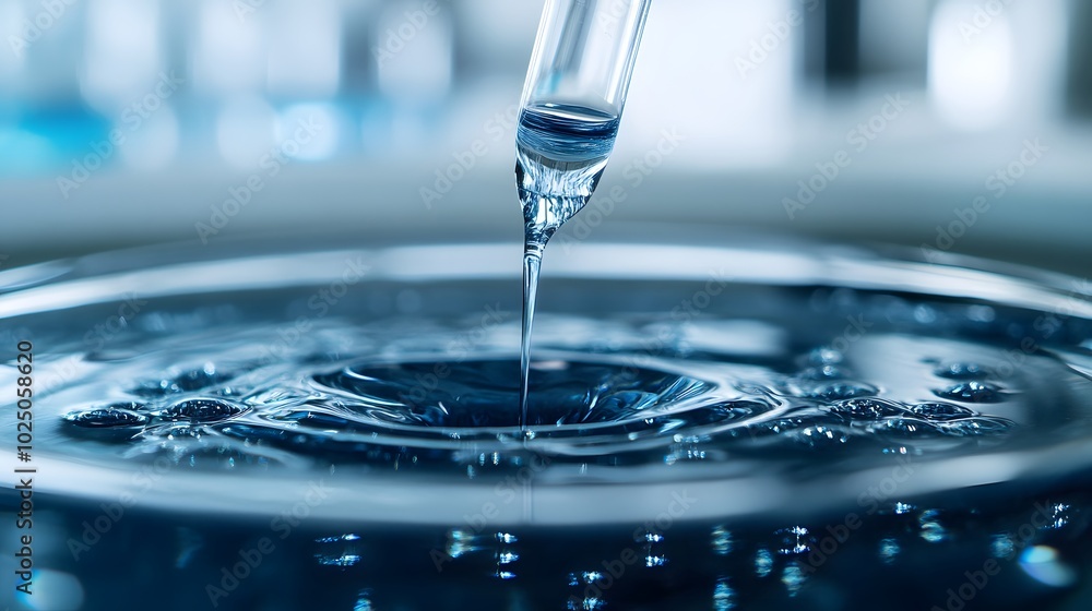 Poster a close-up of oil droplets forming patterns on the surface of water in a laboratory setting