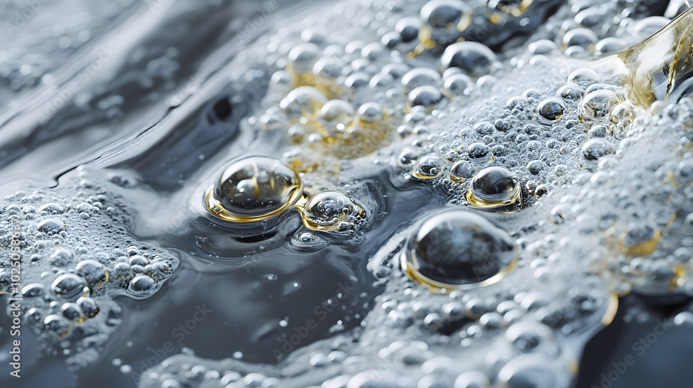 Poster a close-up of oil droplets forming patterns on the surface of water in a laboratory setting