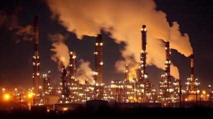 Fototapeta premium A dramatic night-time scene of an oil refinery, with bright lights and steam rising from stacks