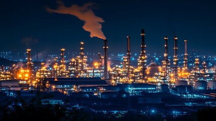 Fototapeta premium A dramatic night-time scene of an oil refinery, with bright lights and steam rising from stacks
