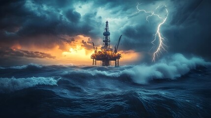 Obraz premium An oil drilling platform in a stormy sea, with waves crashing and lightning in the distance