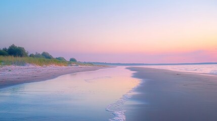 Fototapeta premium 夕焼けに染まる静かな海岸での穏やかな潮の流れと自然の風景に心を癒す時間