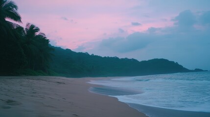 Fototapeta premium 美しい夕暮れのビーチで波が打ち寄せるシーン、緑の山々に囲まれた沖縄の海岸