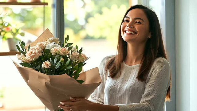 Beautiful Gesture. Woman Smiling as She Receives a Delivery of a Stunning Flower Bouquet at Home