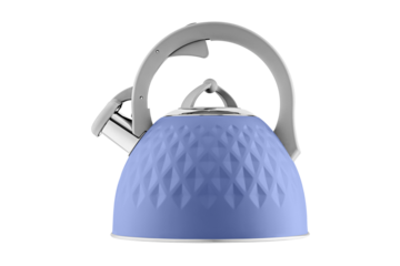 kettle with whistle, matte Purple, violet color, with rhombus texture on isolated and white background close-up