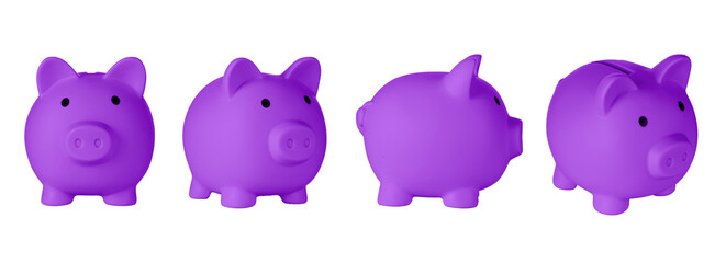 Set Piggy bank pig Purple, violet color on isolated white background close up