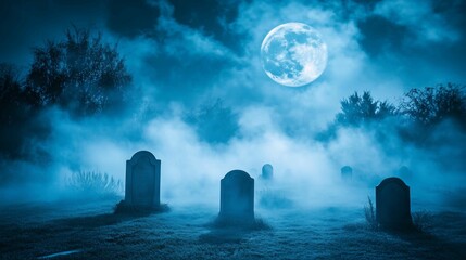 Fototapeta premium A spooky Halloween scene of a foggy graveyard at night, with a full moon casting a dim glow. 
