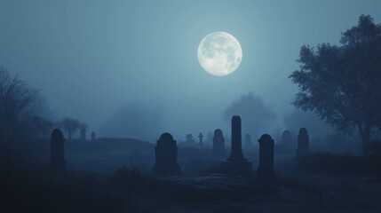 A spooky Halloween scene of a foggy graveyard at night, with a full moon casting a dim glow.
