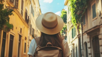 A young woman tourist with a backpack strolling through the streets of Rome, Italy, wearing a wide-brimmed sun hat, enjoying the rich history and culture. Travel and summer vacation concept. Rearview.