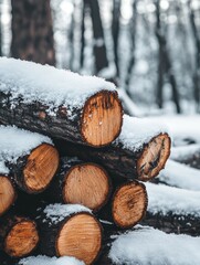雪に覆われた美しい薪の山が冬の森に佇む情景