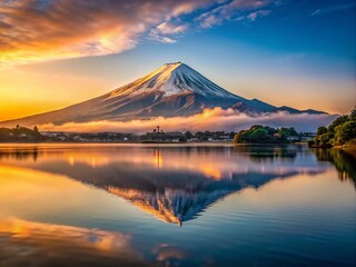 Breathtaking Morning View of Mountain Fuji Reflected in Tranquil Lake Suwa with Serene Landscape in Early Dawn Light