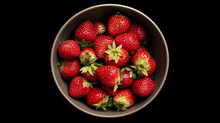 A close-up top view of a brown bowl filled with fresh, ripe strawberries against a black background.