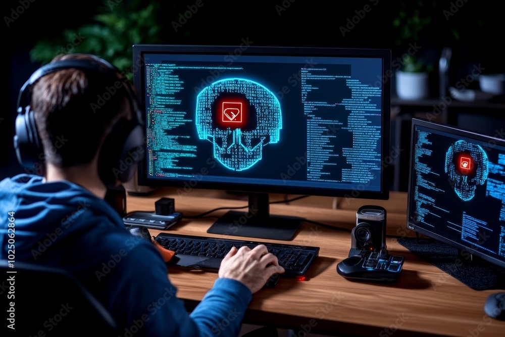 Poster Close-up of a computer running ethical hacking software, with hyper-realistic precision showing every icon, code, and vulnerability detected during the assessment
