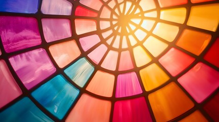 Obraz premium Vibrant Stained Glass Ceiling Art - Traditional Craftsmanship with Dramatic Spiritual Vibes in Stunning Colors