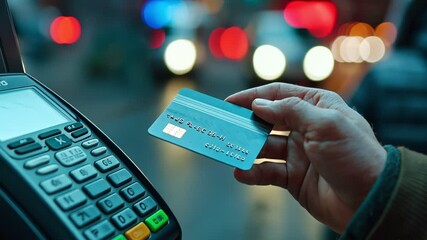 A hand is holding a credit card above a card reader at a bustling urban location filled with colorful lights at night. Active use of modern contactless payment technology - Powered by Adobe