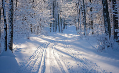 Fototapeta premium Cross-country ski tracks through a snowy forest, serene mood, winter landscape