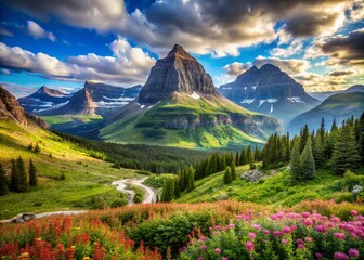 Fototapeta premium Breathtaking Panoramic View of Logan Pass in Glacier National Park, Montana - Nature's Majestic Beauty Unveiled