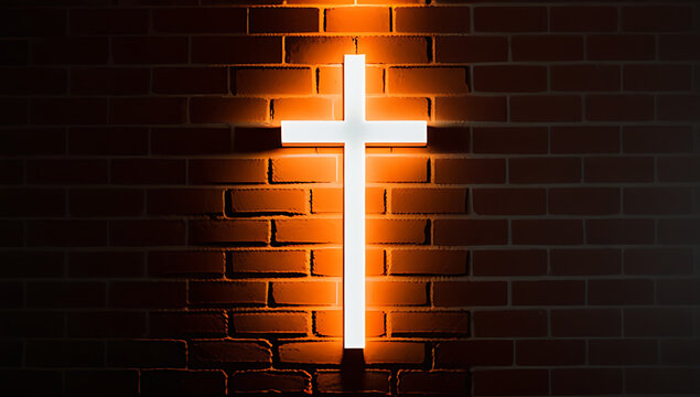 glowing cross brick wall space text